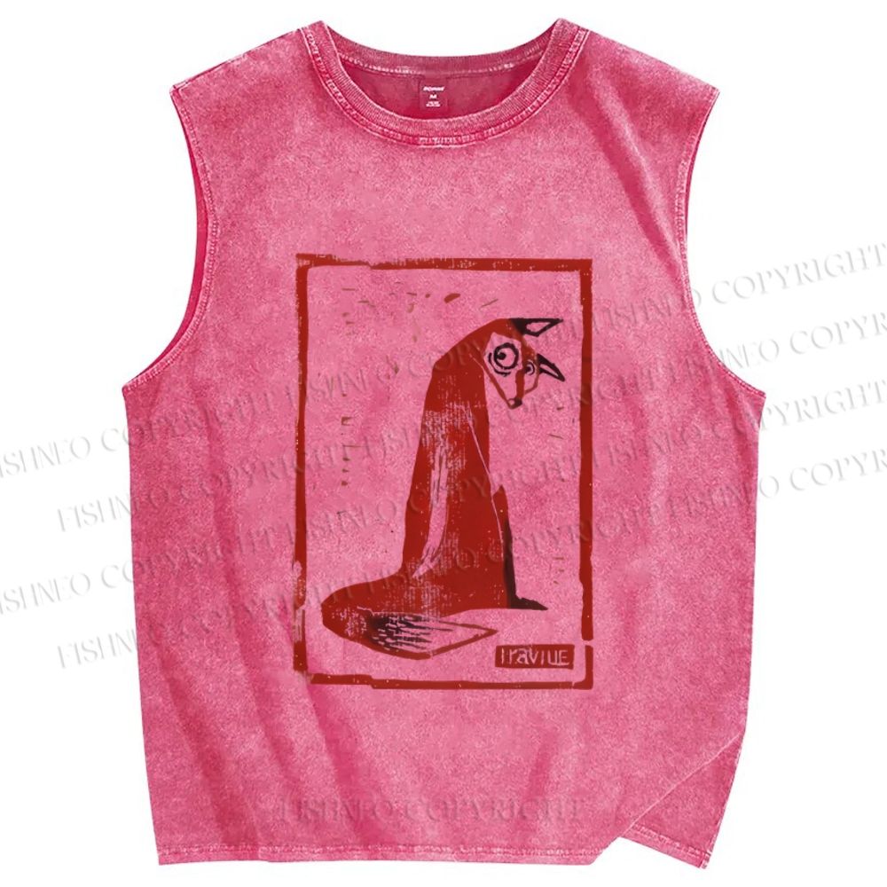 Unisex Vintage Fox Stamp Style Printed Washed Tank Top