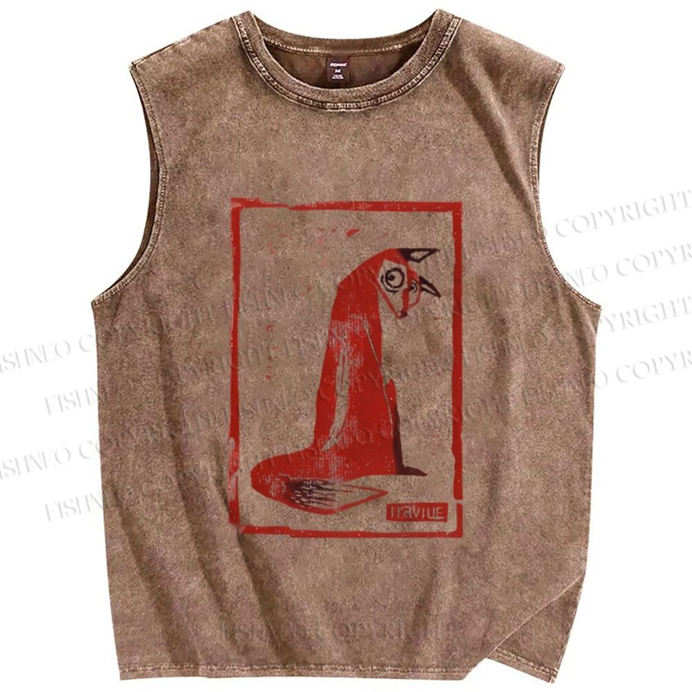 Unisex Vintage Fox Stamp Style Printed Washed Tank Top
