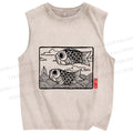 Unisex Vintage Koi Fish Printed Washed Tank Top