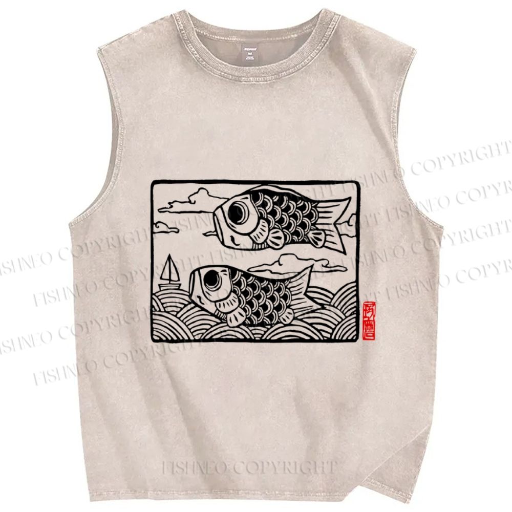 Unisex Vintage Koi Fish Printed Washed Tank Top