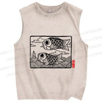 Unisex Vintage Koi Fish Printed Washed Tank Top