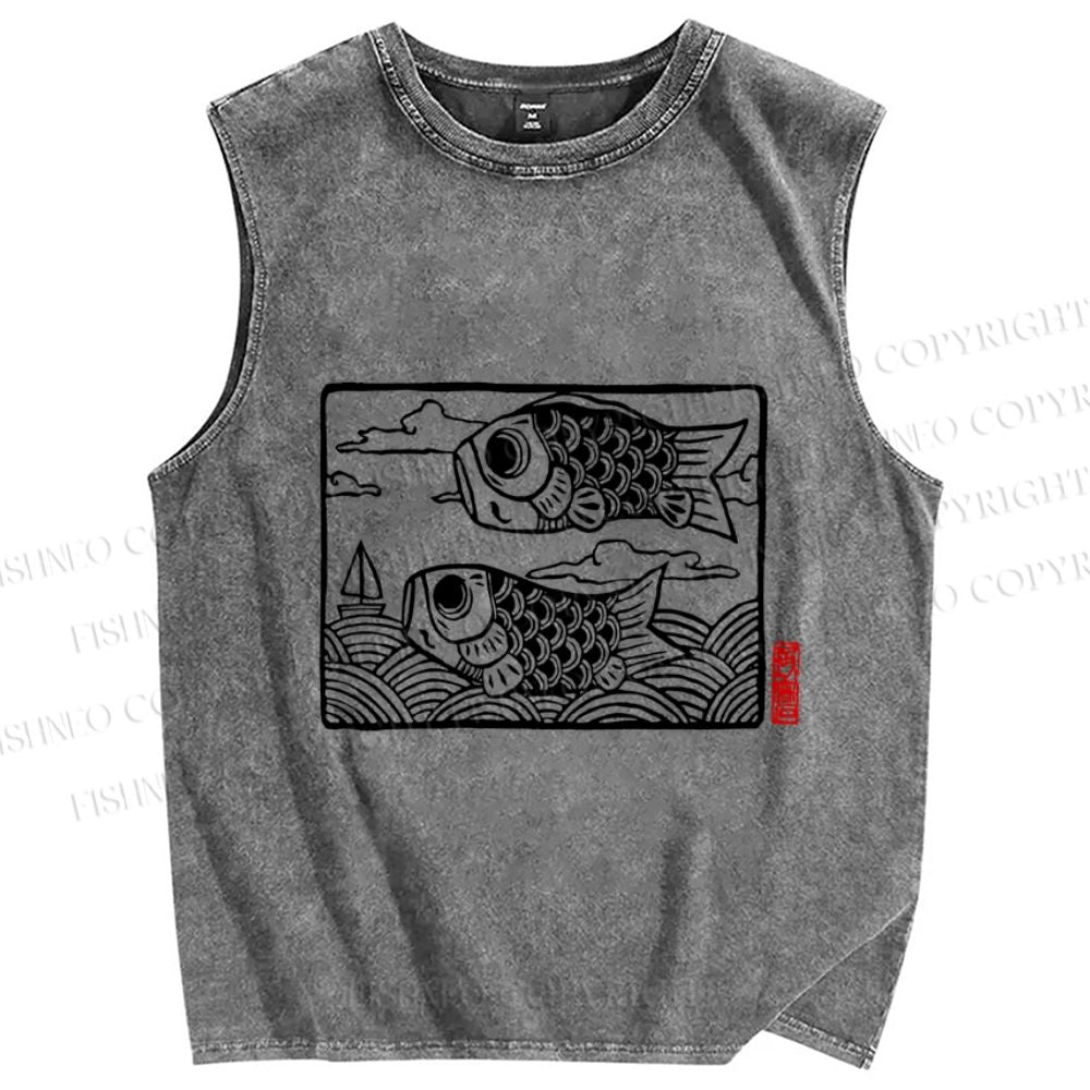 Unisex Vintage Koi Fish Printed Washed Tank Top