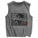 Unisex Vintage Koi Fish Printed Washed Tank Top
