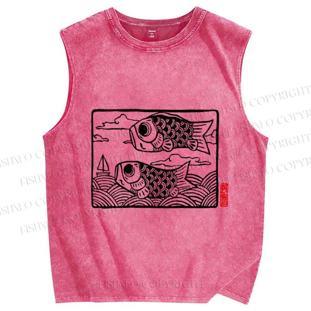 Unisex Vintage Koi Fish Printed Washed Tank Top