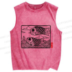 Unisex Vintage Koi Fish Printed Washed Tank Top