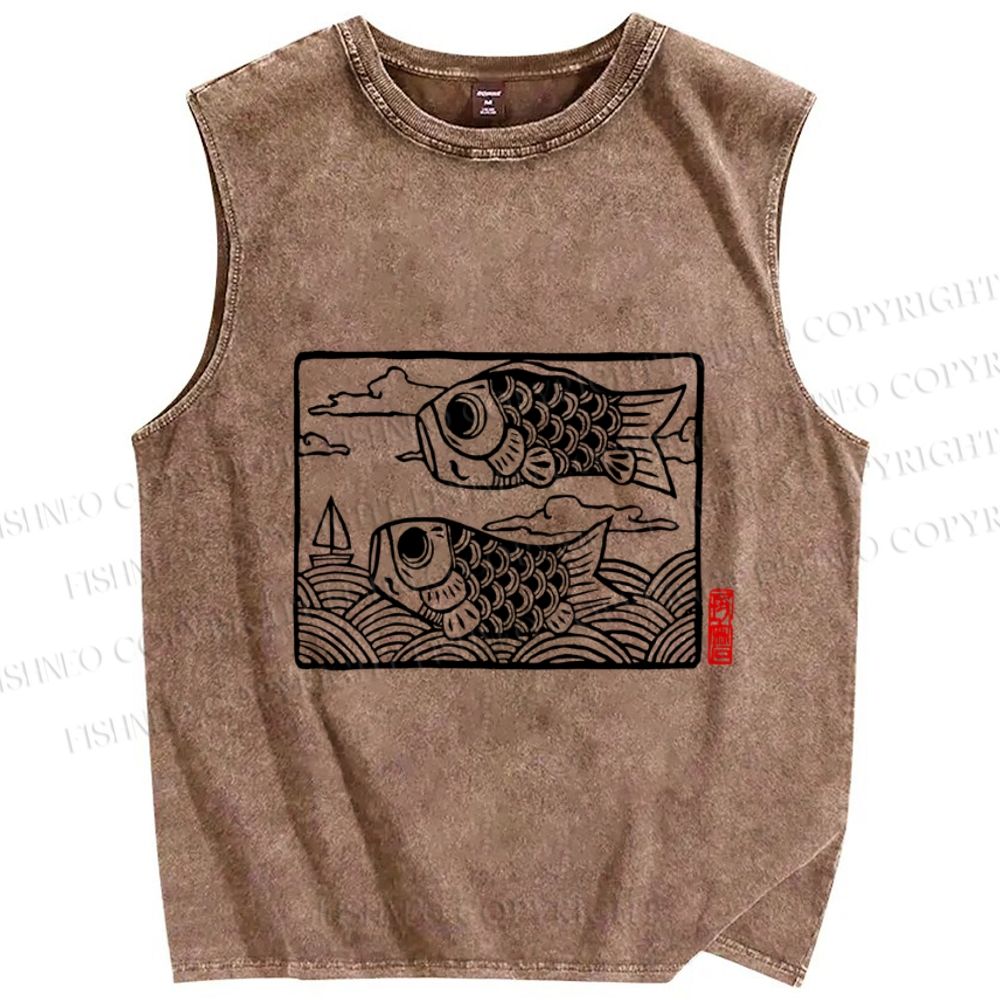Unisex Vintage Koi Fish Printed Washed Tank Top