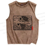 Unisex Vintage Koi Fish Printed Washed Tank Top