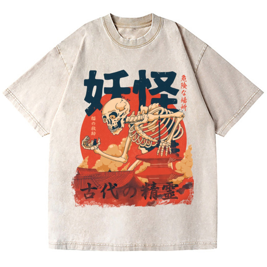 Unisex Yokai Rescuing Cats Vintage Wash Japanese Design T-Shirt