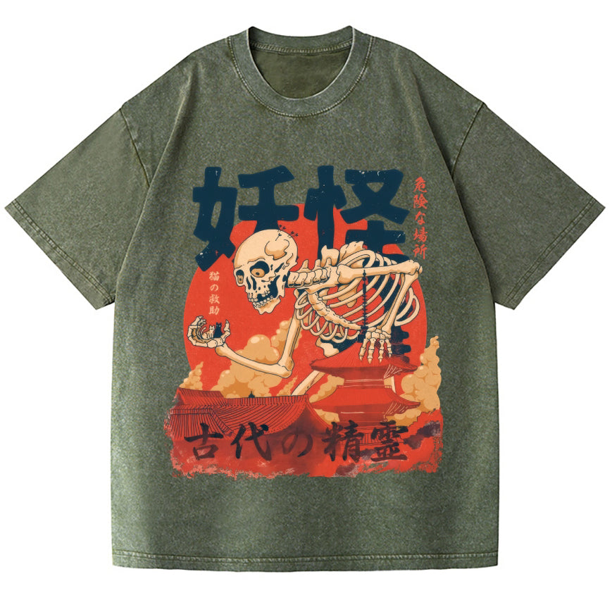 Unisex Yokai Rescuing Cats Vintage Wash Japanese Design T-Shirt