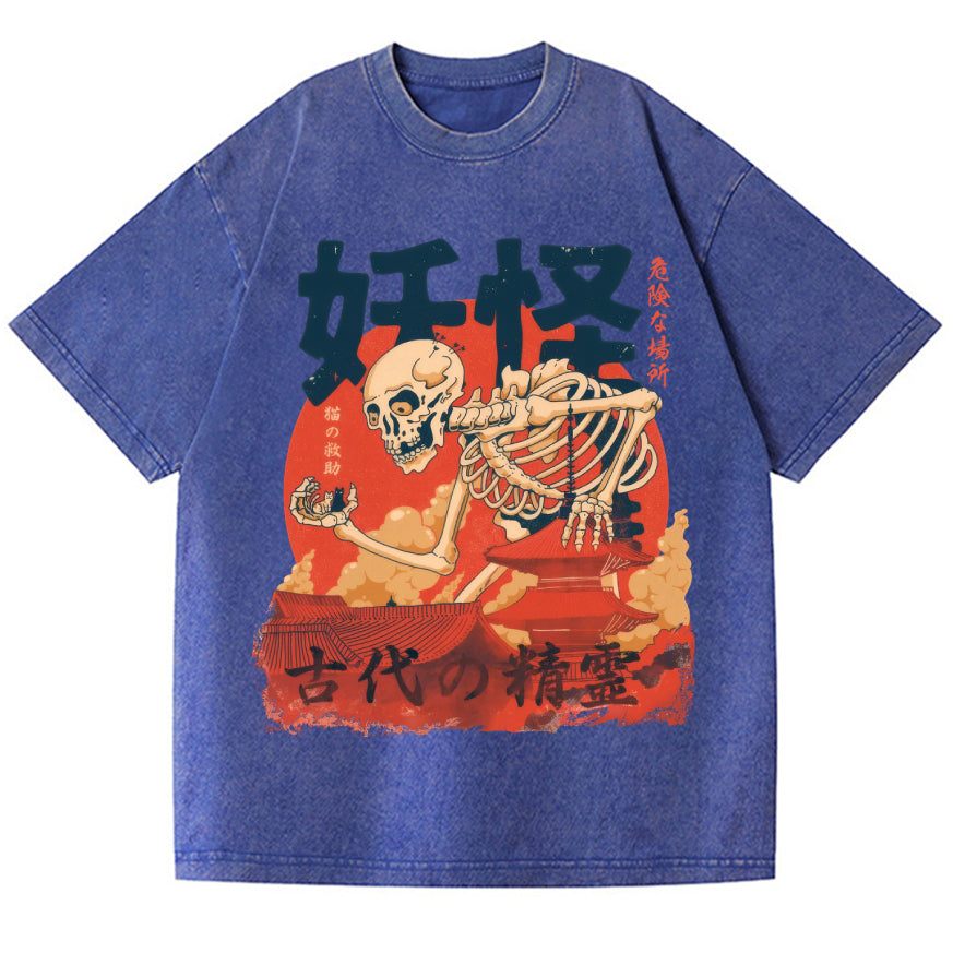 Unisex Yokai Rescuing Cats Vintage Wash Japanese Design T-Shirt