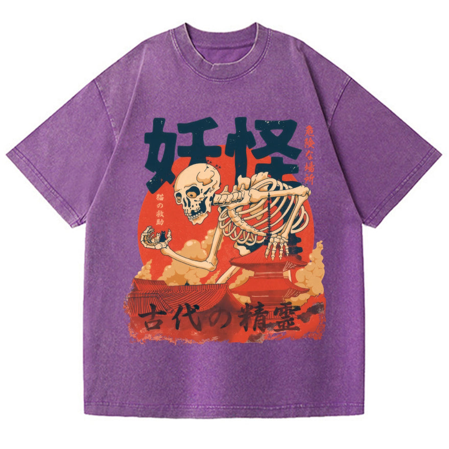 Unisex Yokai Rescuing Cats Vintage Wash Japanese Design T-Shirt