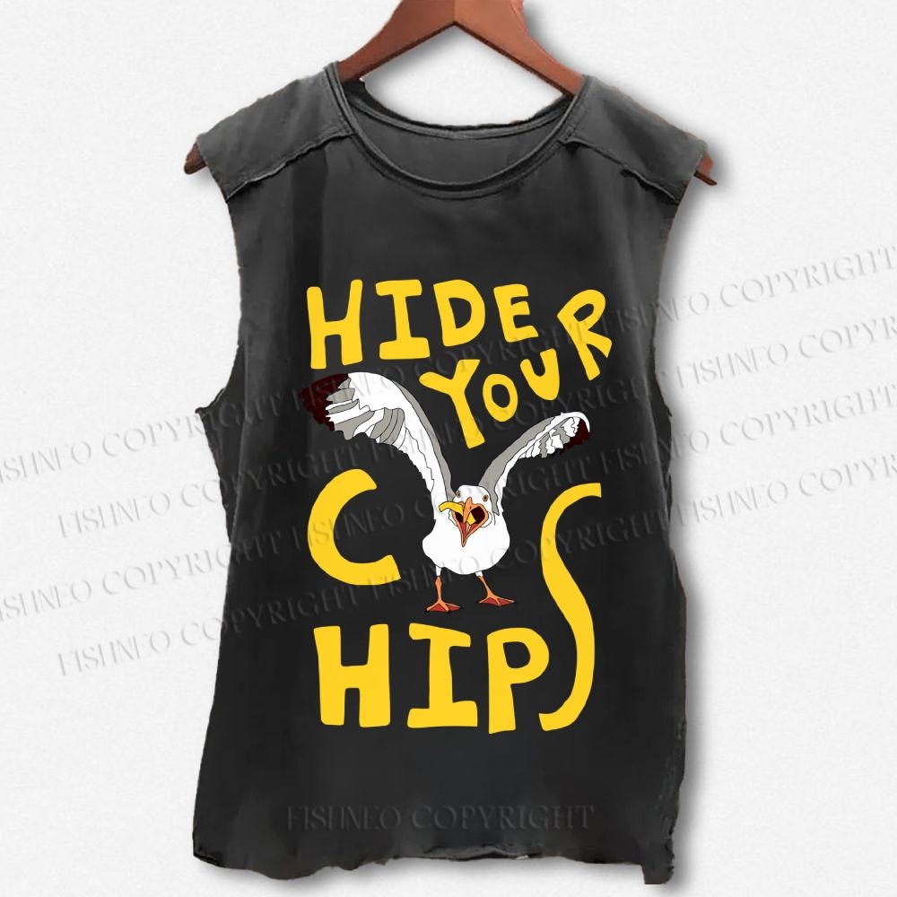 Unisex Seagull Hide your chips Printed Washed Tank Top