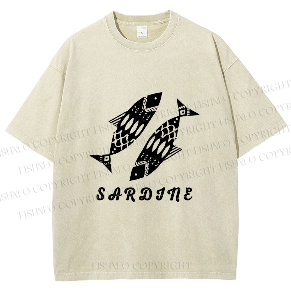 Unisex Black Sardine Fish Printed Washed Tee