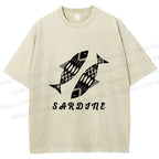 Unisex Black Sardine Fish Printed Washed Tee