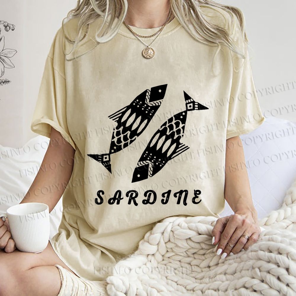 Unisex Black Sardine Fish Printed Washed Tee