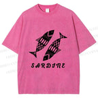 Unisex Black Sardine Fish Printed Washed Tee