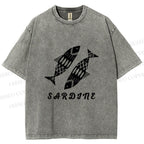 Unisex Black Sardine Fish Printed Washed Tee