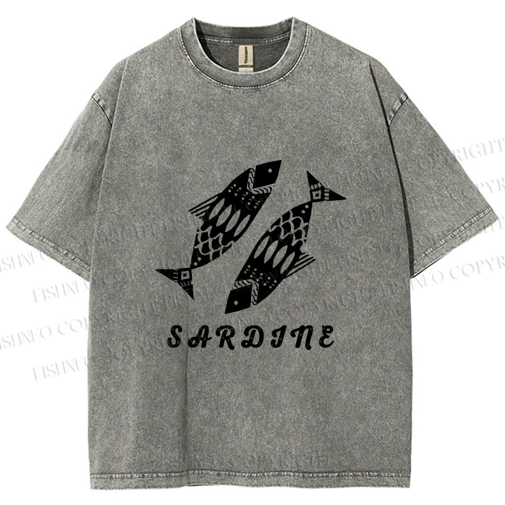 Unisex Black Sardine Fish Printed Washed Tee