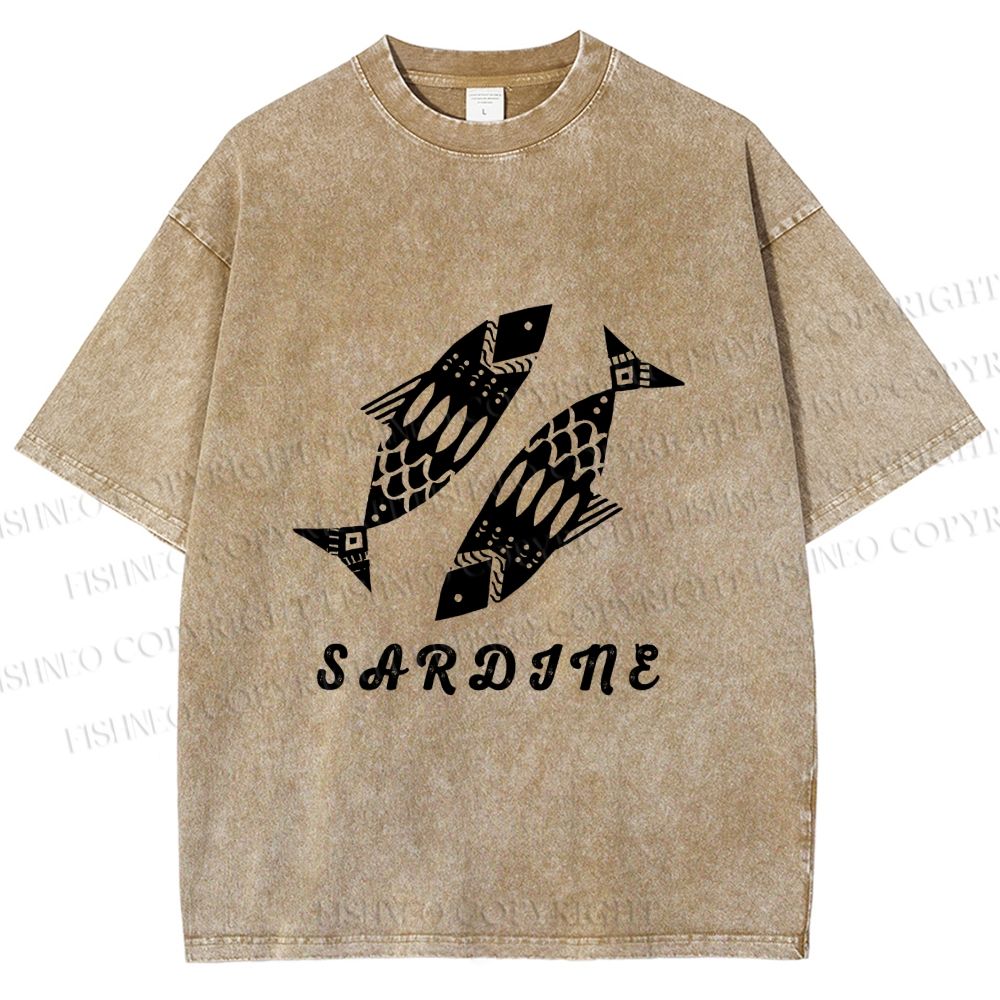 Unisex Black Sardine Fish Printed Washed Tee