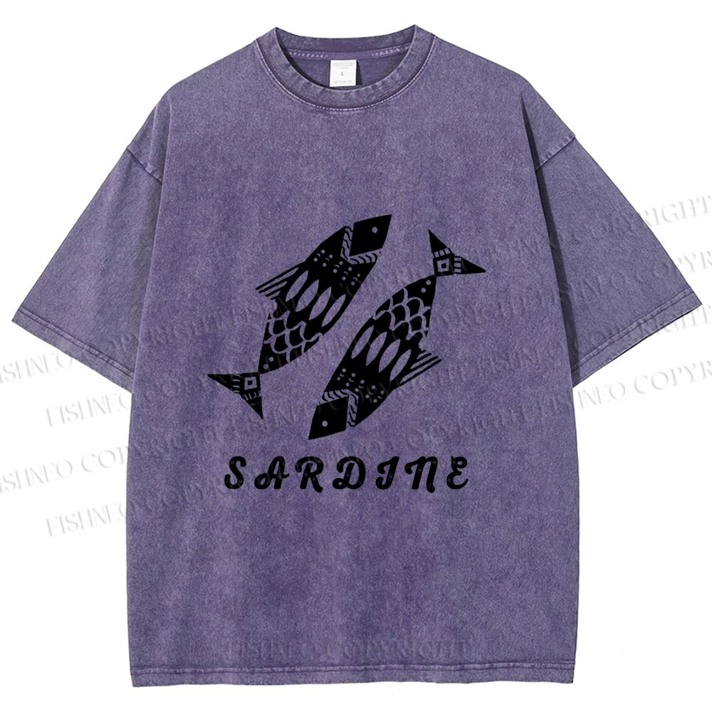 Unisex Black Sardine Fish Printed Washed Tee