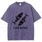 Unisex Black Sardine Fish Printed Washed Tee