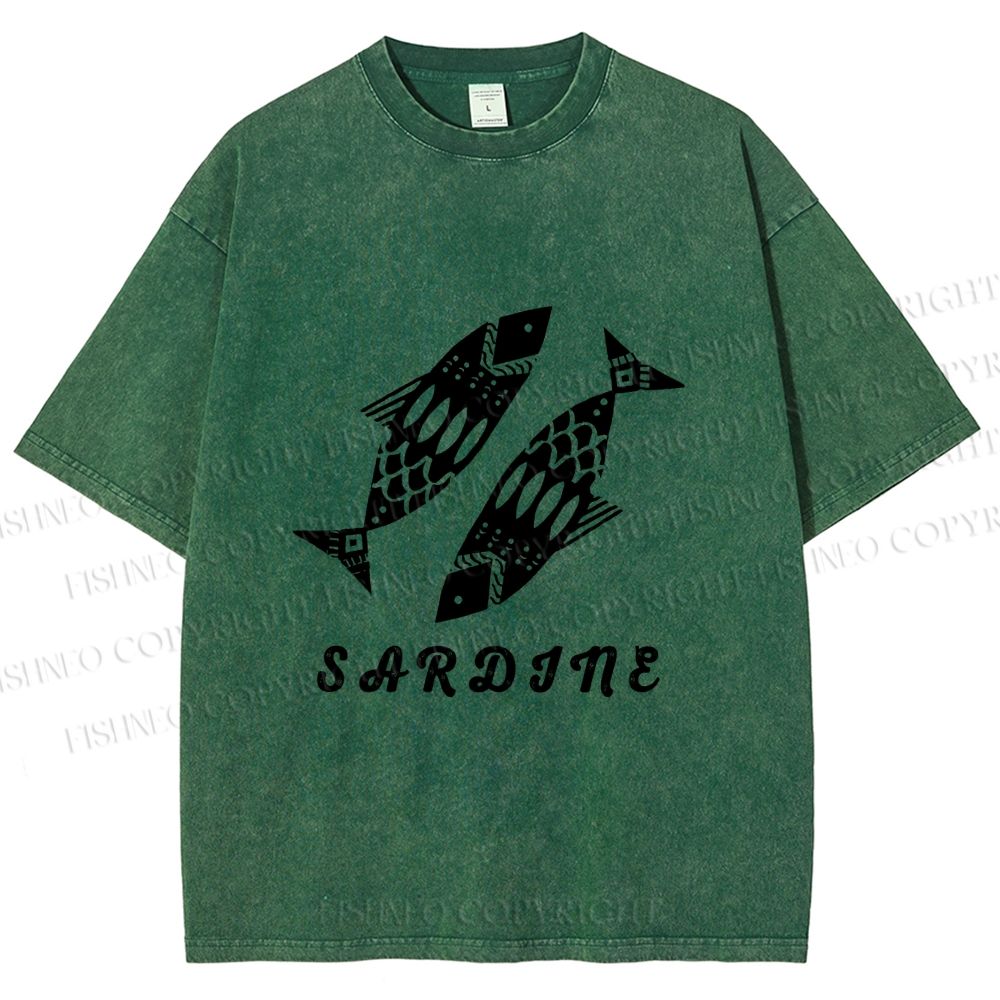 Unisex Black Sardine Fish Printed Washed Tee