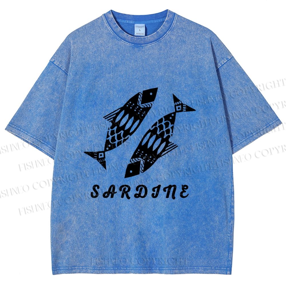 Unisex Black Sardine Fish Printed Washed Tee