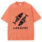 Unisex Black Sardine Fish Printed Washed Tee