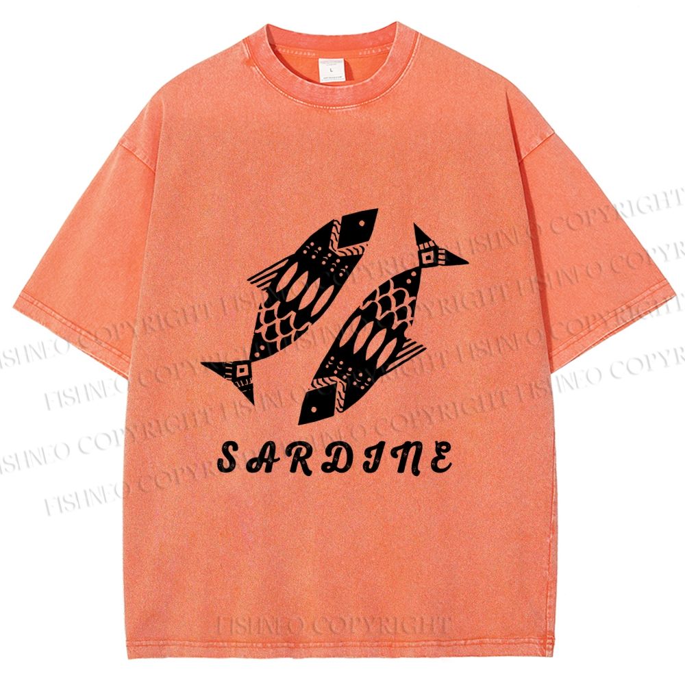 Unisex Black Sardine Fish Printed Washed Tee
