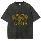 Unisex Japanese Three Head Tiger Printed Washed Tee