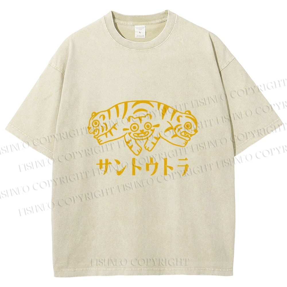 Unisex Japanese Three Head Tiger Printed Washed Tee