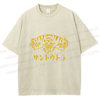 Unisex Japanese Three Head Tiger Printed Washed Tee