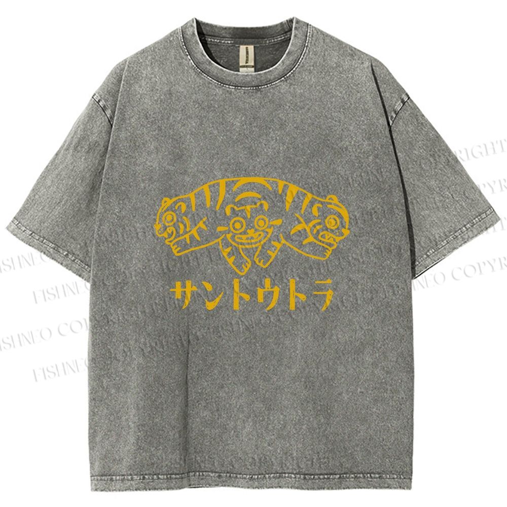 Unisex Japanese Three Head Tiger Printed Washed Tee