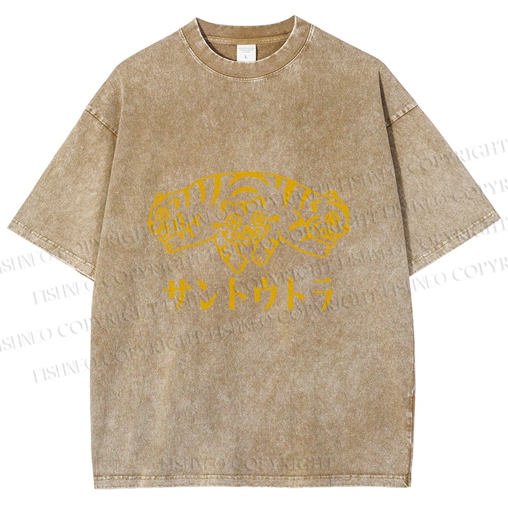 Unisex Japanese Three Head Tiger Printed Washed Tee
