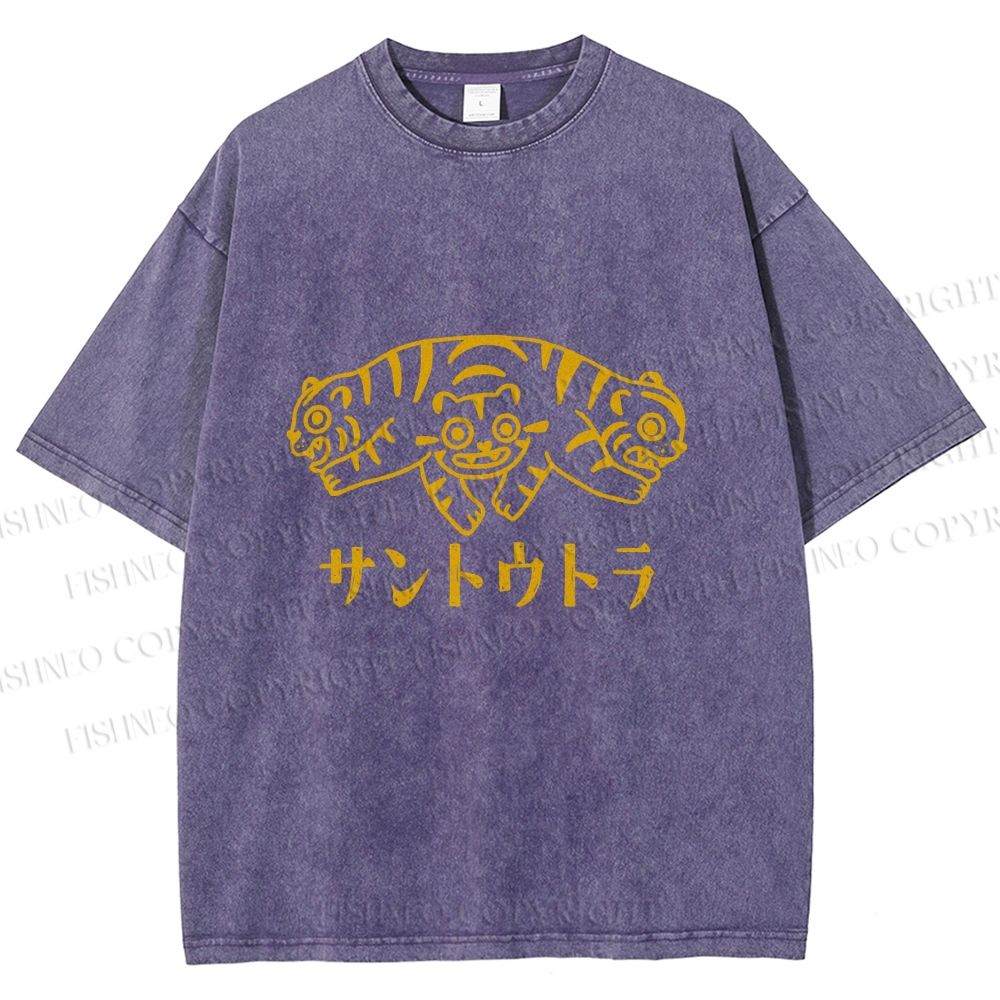 Unisex Japanese Three Head Tiger Printed Washed Tee