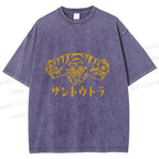 Unisex Japanese Three Head Tiger Printed Washed Tee
