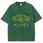 Unisex Japanese Three Head Tiger Printed Washed Tee