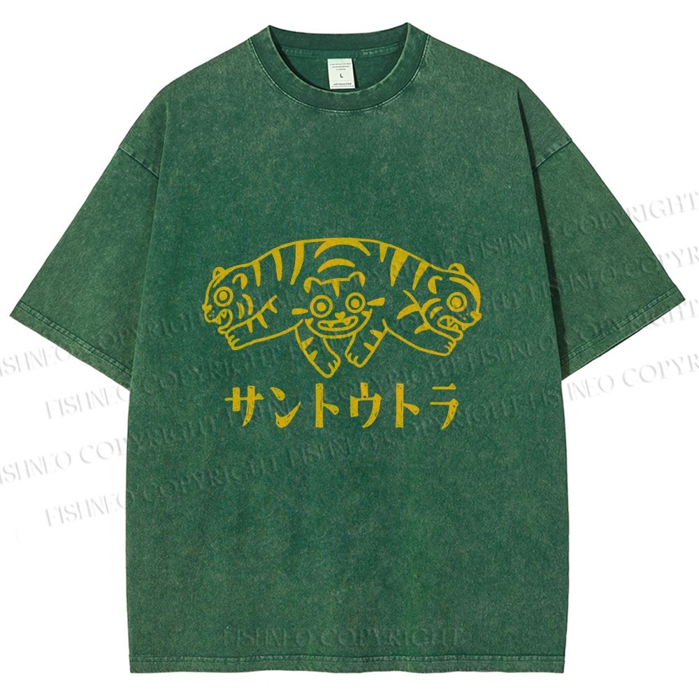 Unisex Japanese Three Head Tiger Printed Washed Tee