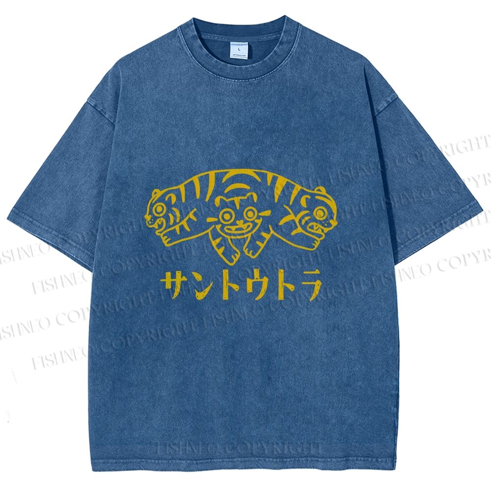 Unisex Japanese Three Head Tiger Printed Washed Tee