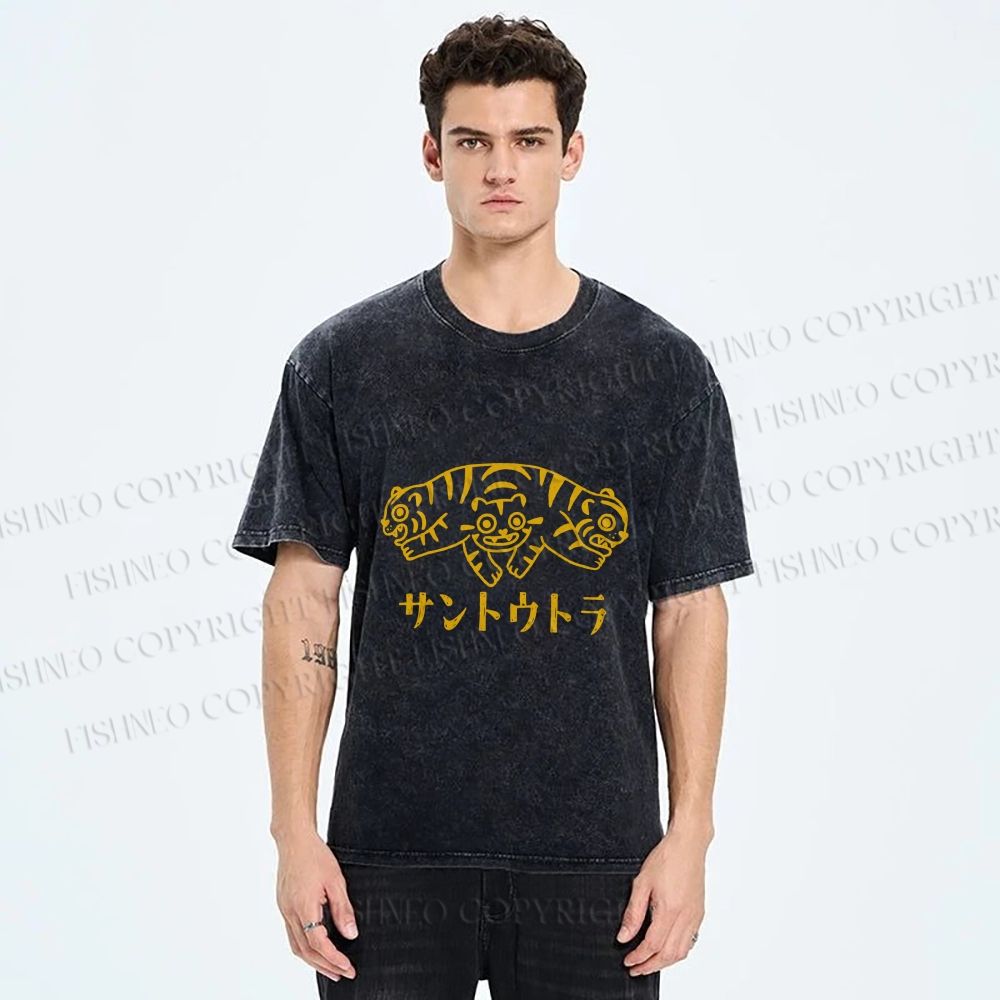 Unisex Japanese Three Head Tiger Printed Washed Tee