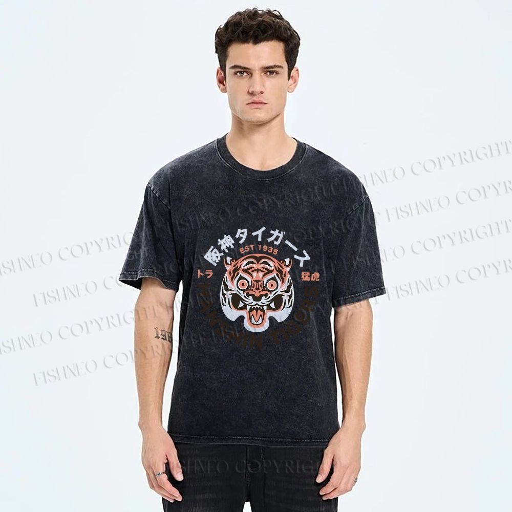 Unisex Japanese Hanshin Tiger Printed Washed Tee