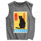 Unisex Haruki Murakami Cat Vintage Printed Washed Tank Top