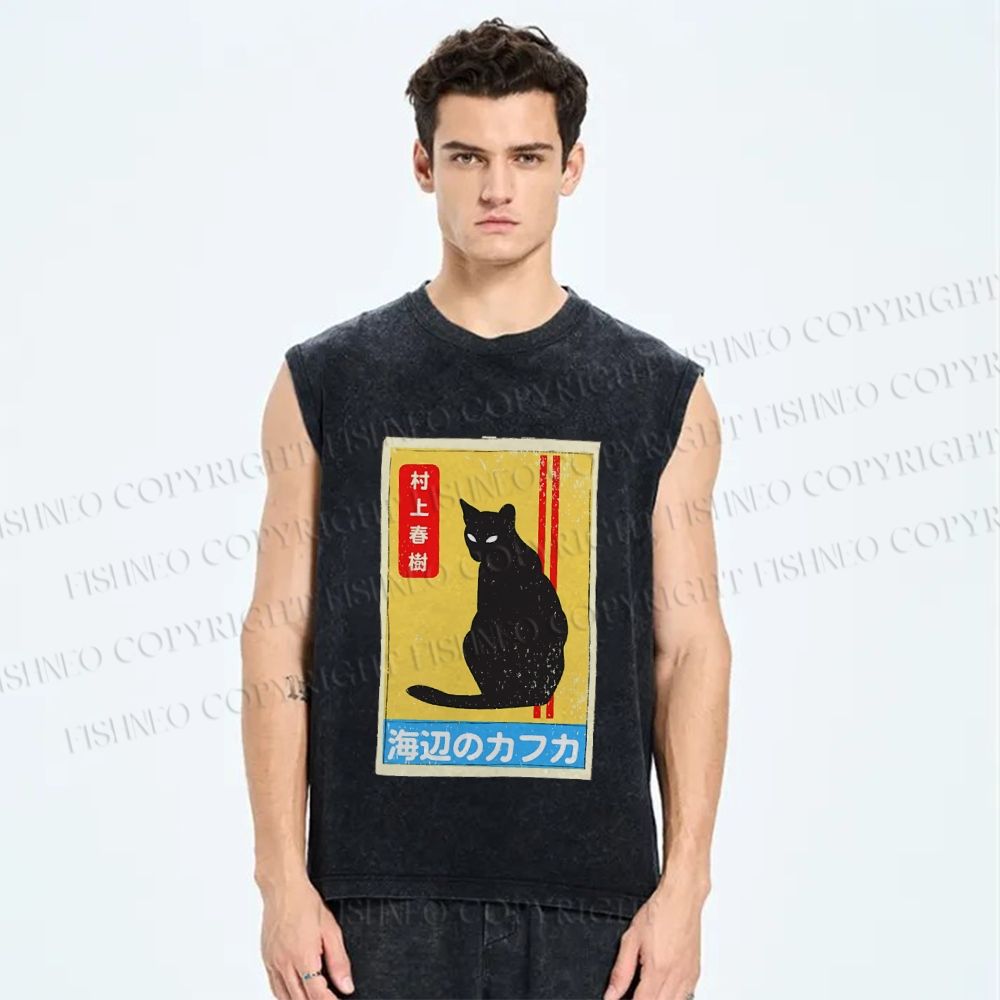 Unisex Haruki Murakami Cat Vintage Printed Washed Tank Top