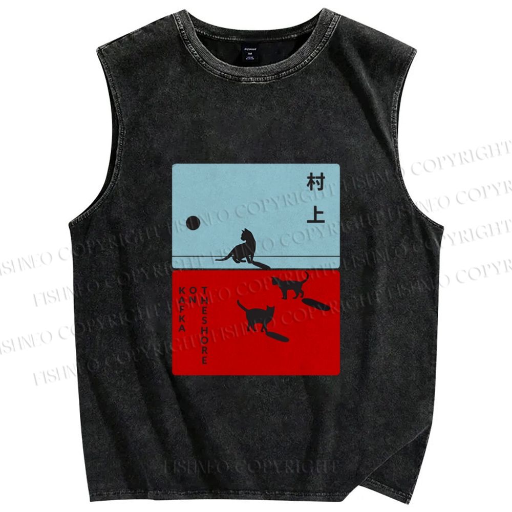 Unisex Haruki Murakami Cat Printed Washed Tank Top