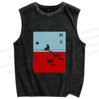 Unisex Haruki Murakami Cat Printed Washed Tank Top