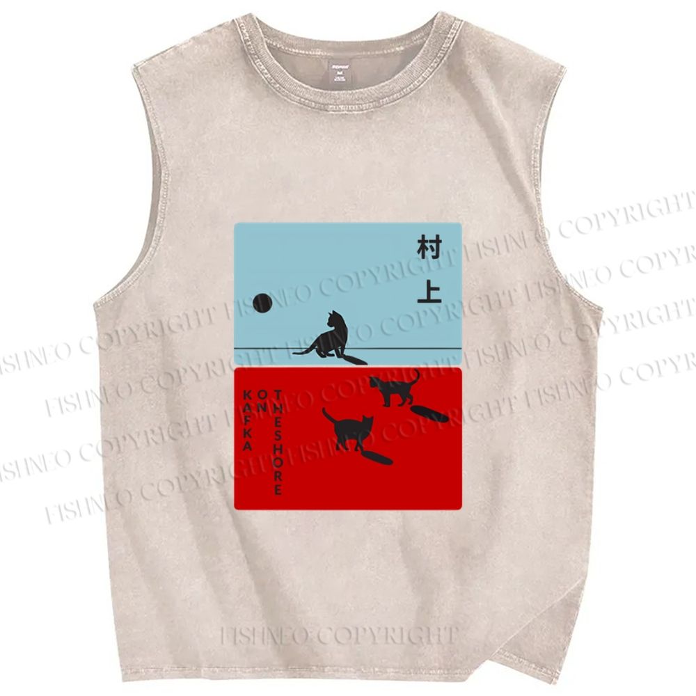 Unisex Haruki Murakami Cat Printed Washed Tank Top