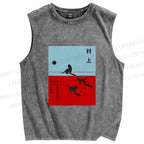 Unisex Haruki Murakami Cat Printed Washed Tank Top