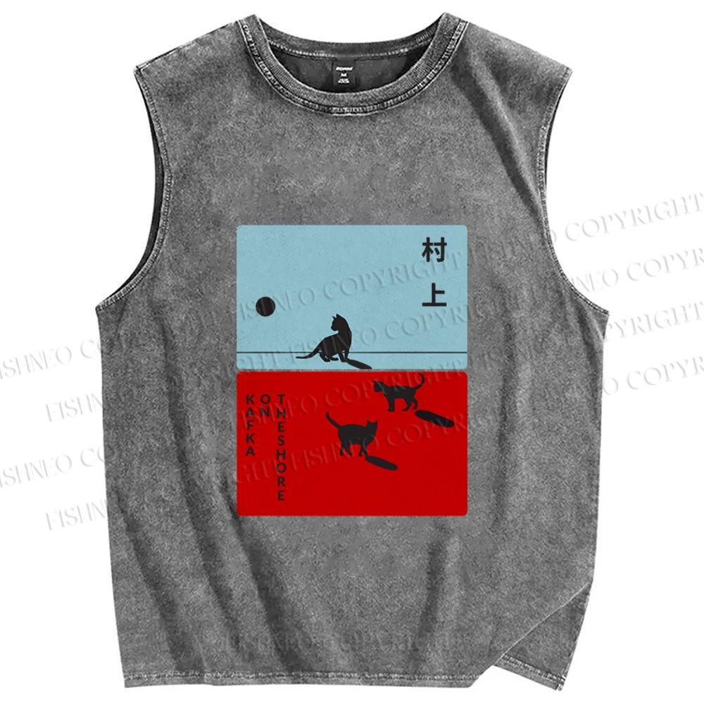 Unisex Haruki Murakami Cat Printed Washed Tank Top