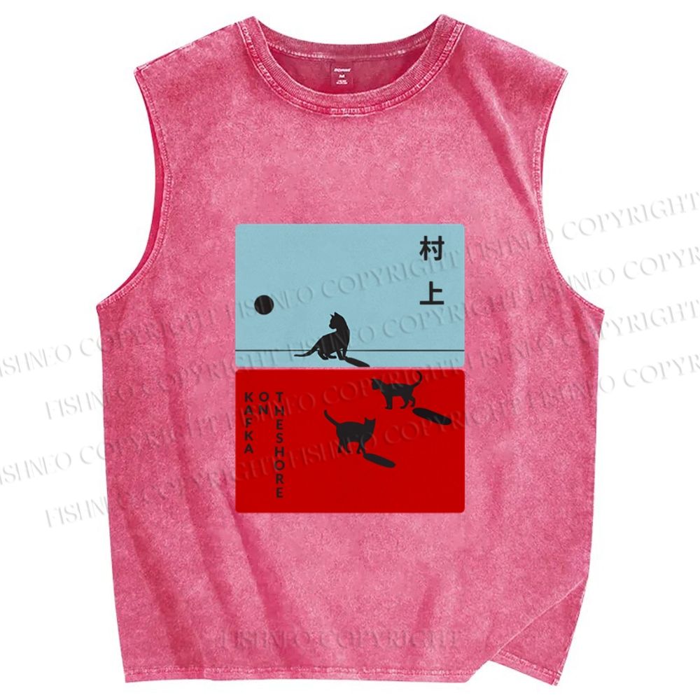 Unisex Haruki Murakami Cat Printed Washed Tank Top