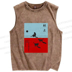Unisex Haruki Murakami Cat Printed Washed Tank Top